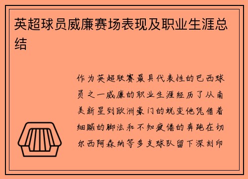 英超球员威廉赛场表现及职业生涯总结